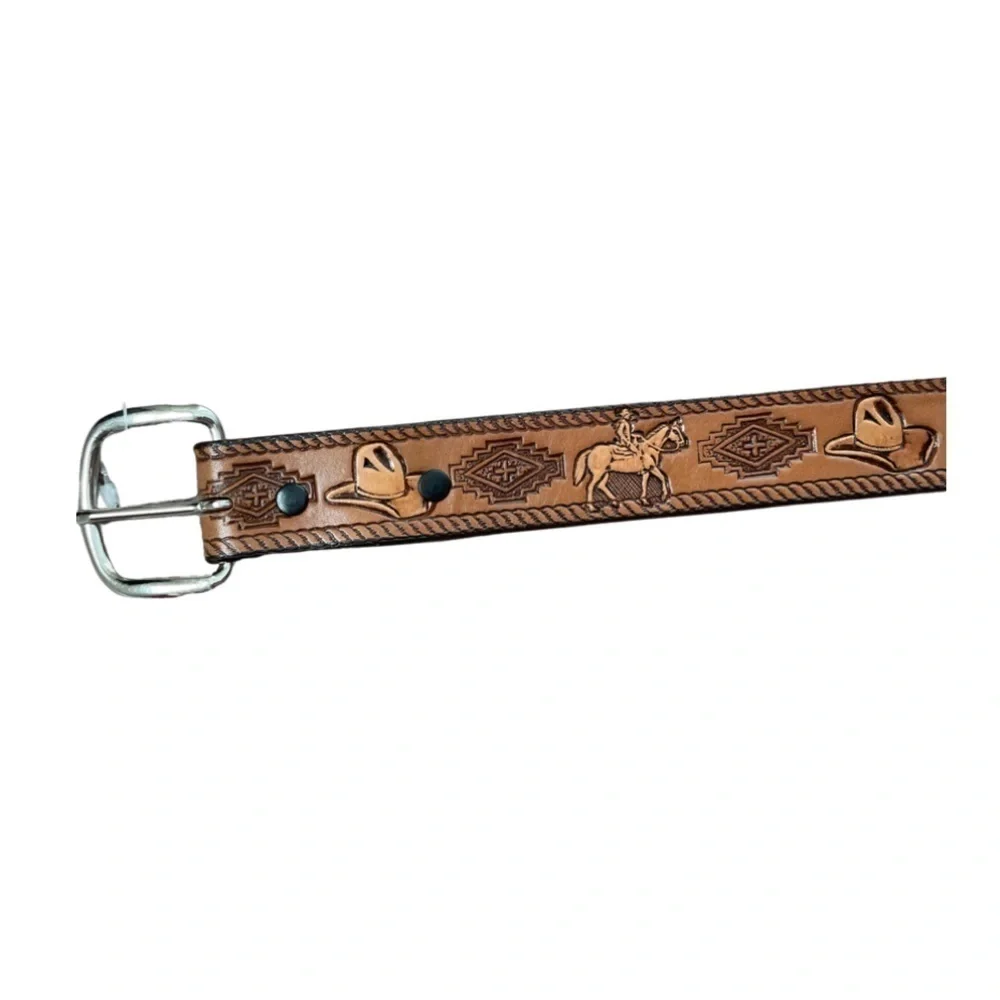 LONGHORN Leather & Buckle Ethan Tooled Belt Brown w/Silver Buckle Youth Size 28.